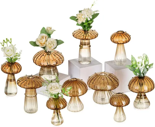 Miniatura 10 de Glasseam Jarrón de Seta de Cristal Ámbar: Lindo Juego de Jarrones Pequeños para Flores de 5 Jarrones Únicos Mini para Capullos para Centros de Mesa