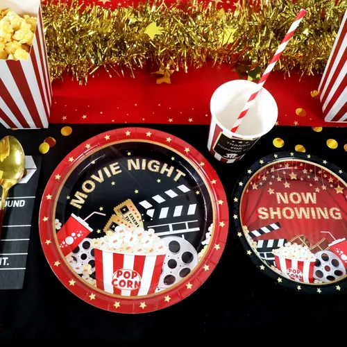 Miniatura 4 de Recheel Suministros para fiesta temática de película, decoración para cumpleaños con platos y servilletas de papel con tazas y pajitas para 24 Movie
