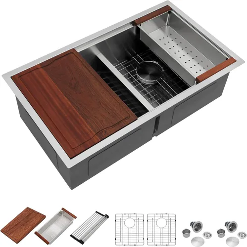 Dcolora DC-U-1111 - Fregadero de cocina de 33 pulgadas con doble tazón, estación de trabajo de acero inoxidable 50/50 dividida baja dividida calibre