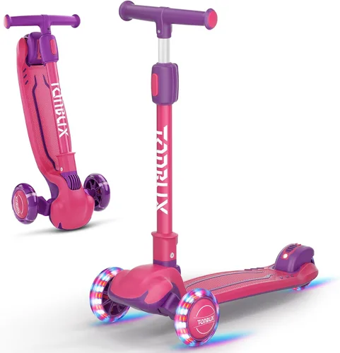 TONBUX - Patinete para niños, patinete de 3 ruedas con luces LED para niños de 3 a 12 años, patinetes plegables con altura ajustable - Patinete para