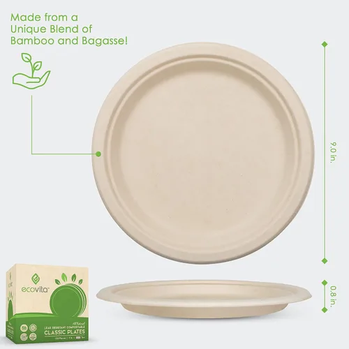 Miniatura 10 de Ecovita Platos de papel 100 % compostables [9 pulgadas] – 150 platos desechables ecológicos, resistentes, libres de árboles, líquidos y resistentes