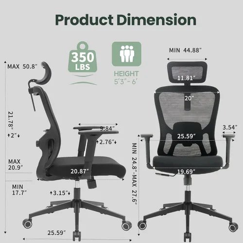 Miniatura 2 de Silla de oficina ergonómica - Silla de oficina de malla de 350LB con lumbar ajustable, silla de escritorio para computadora de respaldo alto