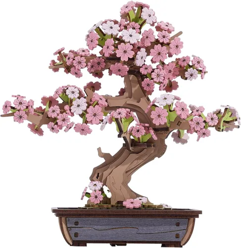 Rolife Rompecabezas de Madera 3D de Flores para Adultos, Plantas de Árbol Bonsái Sakura DIY para Decoración de Mesa del Hogar, Manualidades