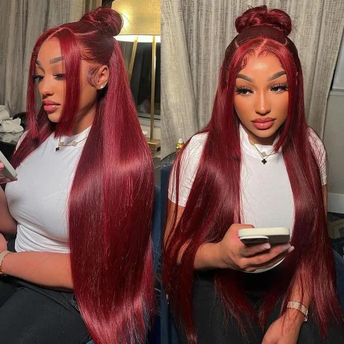 Miniatura 10 de ZGWG Pelucas de cabello humano con encaje frontal de color rojo, densidad del 180%, 13x6, 99J, pelucas de cabello humano virgen brasileño 12A