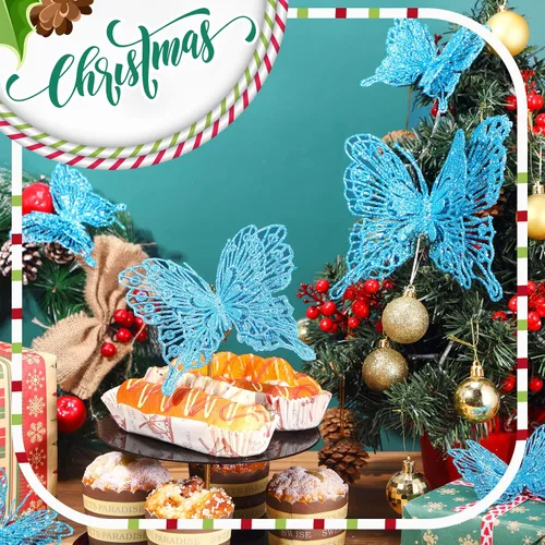 Miniatura 3 de Charniol 36 piezas de 3 tamaños para árbol de Navidad, decoraciones de mariposa hueca con purpurina, adornos colgantes con clips para manualidades