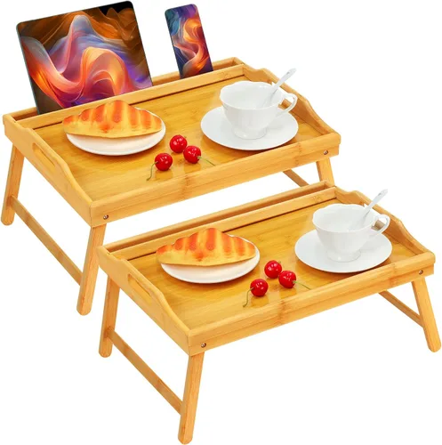 Mesa Bandeja para Cama Bandejas de Desayuno Bandeja de Servir Altura Ajustable para Comer Cama de Bambú Laptop Plegable Patas con Asas y Soportes