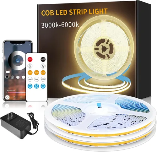 Miniatura 8 de COB - Tira de luces LED de 32.8 pies, 3000 K, blanco cálido, regulable, CC de 24 V, cinta de luces LED flexibles para dormitorio, con control remoto
