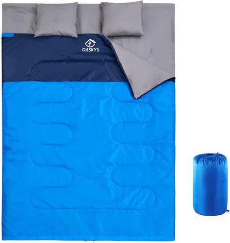 Miniatura 12 de oaskys Saco de dormir doble para adultos con 2 almohadas – Saco de dormir impermeable tamaño Queen XL para todas las estaciones, camping, Rosa