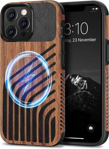 Miniatura 13 de TENDLIN Compatible con iPhone 13 Pro Max, funda de grano de madera con textura de fibra de carbono, funda híbrida de cuero compatible con iPhone 13