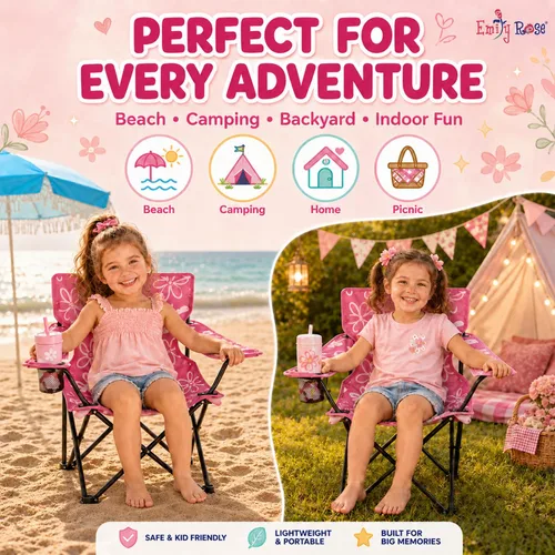 Miniatura 6 de Emily Rose Silla de campamento de playa plegable rosa para niños con portavasos, bloqueo de seguridad y funda de transporte, silla para niñas de 2 a