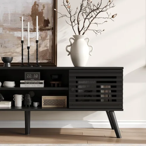 Miniatura 6 de Furnify Soporte de TV moderno de mediados de siglo de 53 pulgadas para TV de 50/55/60 pulgadas, consola multimedia de TV con puertas de listones