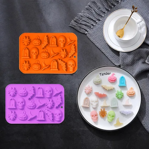 Miniatura 5 de VICDUEKG Molde de chocolate de Halloween, 2 piezas de molde de silicona para hornear de Halloween, calabaza, murciélago, calavera, molde de silicona