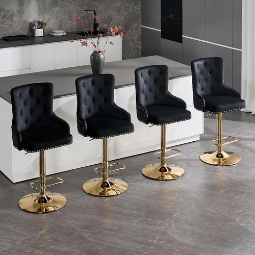 Miniatura 8 de Juego de 2 taburetes de bar de terciopelo dorado, taburetes de bar modernos de altura de mostrador con respaldo capitoné y tirador de anilla