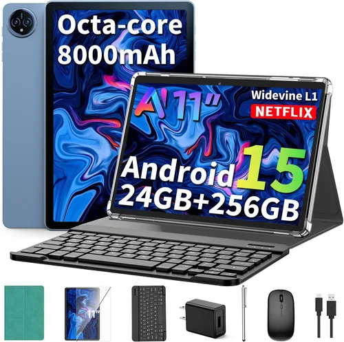Tablet Android 15 de 11 pulgadas 2026 con teclado, 24 GB+256 GB+2 TB expandir, tabletas PC con Gemini AI, Octa-Core, 8000 mAh, WiFi 5G, Widevine L1,
