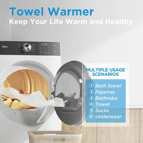 Miniatura 6 de Midea MLE45N1AWW Secadora eléctrica de carga frontal a juego, con sensor de acero inoxidable seco, cuidado de arrugas, control táctil, 10 ciclos
