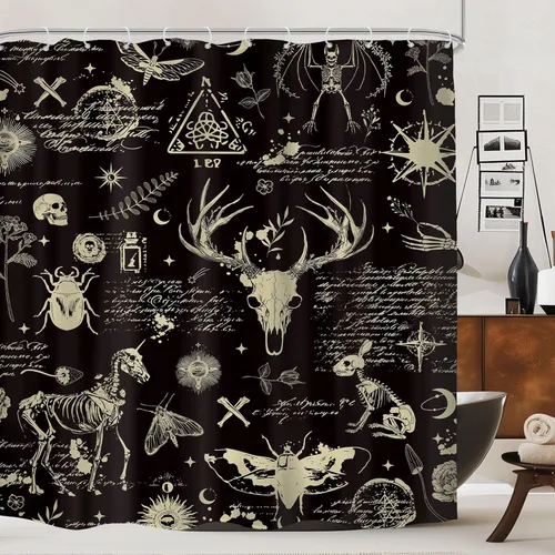 Miniatura 9 de Black Gothic Small Stall Shower Curtain 36Wx72H RV Spooky Skull Skeleton Spooky Funny Animal Western Moth Moon Bone Mystic Leaves Bathroom Decor