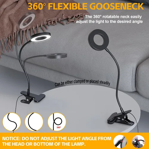 Miniatura 8 de Foneso Lámpara de escritorio con clip, luz de 48 LED, USB, con 3 modos de color, 10 niveles de brillo, protección ocular, cuello de ganso flexible