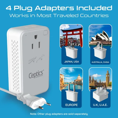 Miniatura 2 de Ceptics Convertidor de voltaje reductor de 200 W – Convertidor de voltaje de 220 V a 110 V para rizador, alisador, cargador – Carga rápida USB-A y C