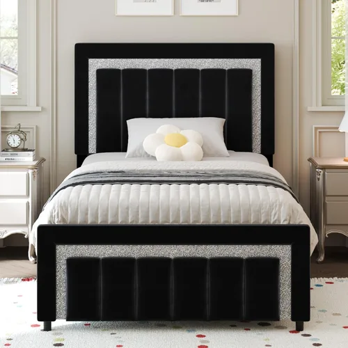 Miniatura 8 de HOMBCK Marcos de Cama Individual, Marco de Cama Tamaño Individual con Cabecera y Pie de Cama de Diseño de Terciopelo Diamante, Marco de Cama