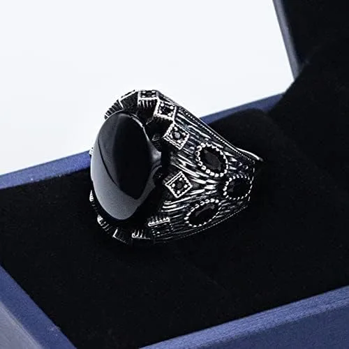 Miniatura 4 de SKOOMEN Anillo para hombre en plata de ley, anillo de ónix para hombre con caja de regalo, anillo Aqeeq para hombre, anillo grande hecho a mano