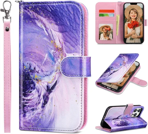 Miniatura 26 de ULAK Funda tipo cartera compatible con iPhone 13 para mujer, piel sintética de alta calidad con tarjetero, función atril, funda tipo cartera