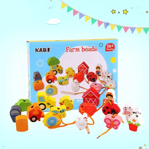 Miniatura 7 de Lacing Farm Toy Juego de bloques de madera, juguetes educativos tempranos, juegos de cuerda y cuentas de cordones para niños pequeños juego