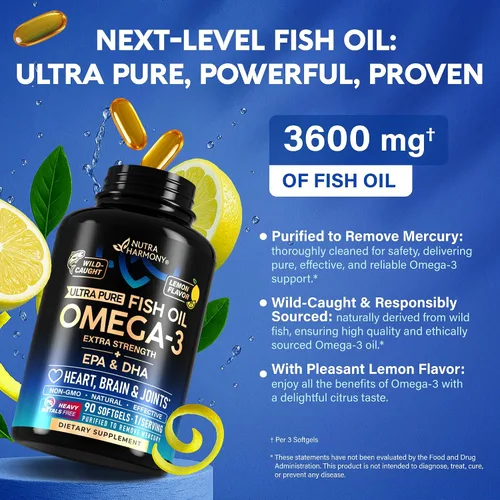 Miniatura 4 de Aceite de pescado Omega 3 3600 mg – Suplemento Omega 3 EPA y DHA – Sin metales pesados – Soporte para corazón, cerebro y articulaciones – Aceite