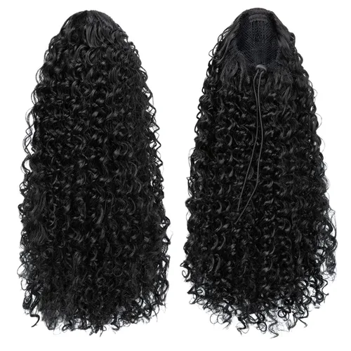 Miniatura 3 de Extensión de cabello corto negro con cordón para mujeres negras, cola de caballo recta de 14 pulgadas con rizos finales, postizos sintéticos