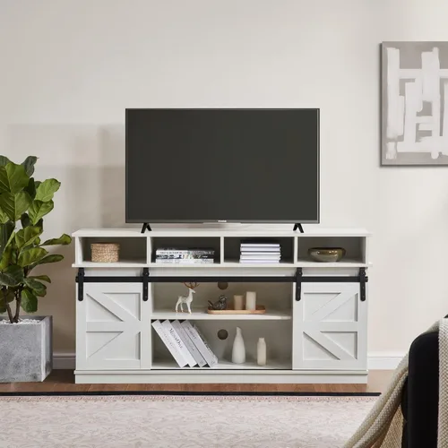 Miniatura 12 de Soporte de TV con puerta corrediza de granero, centro de entretenimiento de madera moderna y rústica, armario de almacenamiento, mesa de estar