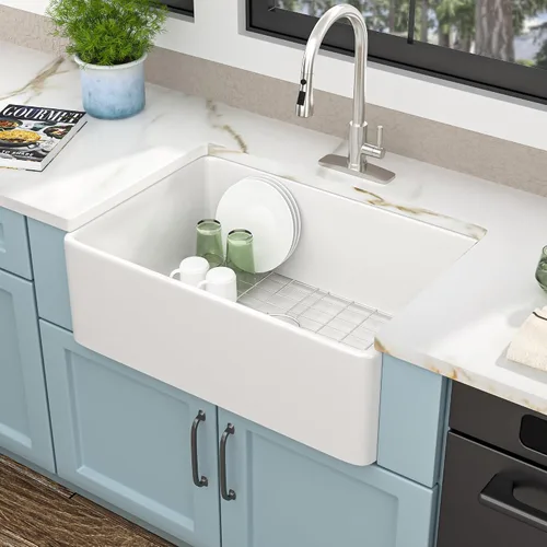 Miniatura 12 de Fregadero de barra blanco de 24"x18" para montaje bajo encimera - Arcilla refractaria de porcelana cerámica de alto brillo, montaje dual, un seno
