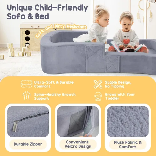 Miniatura 6 de whiffee Cama de viaje para niños pequeños, cama sofá silla plegable portátil 2 en 1, cuna de piso de viaje suave para bebés y niños con fundas