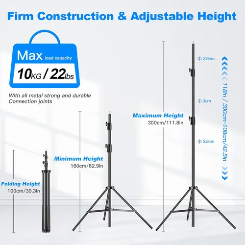 Miniatura 2 de Soporte de luz resistente de 9.8 pies / 9.8 ft ajustable de 22.0 lbs/22 libras, carga máxima, soporte de trípode acolchado de aire con rosca de 1/4