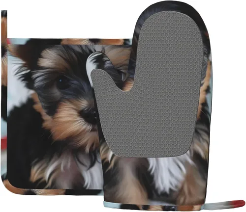Miniatura 3 de Yorkie - Juego de guantes de horno y soportes para ollas con estampado para cachorros, resistentes al calor, antideslizantes, forro suave, guantes