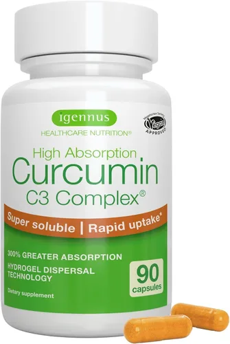 Igennus Advanced Curcumin C3 Complex, 300% mayor absorción y absorción rápida, 95% extracto estandarizado, 90 porciones, etiqueta limpia, suplemento
