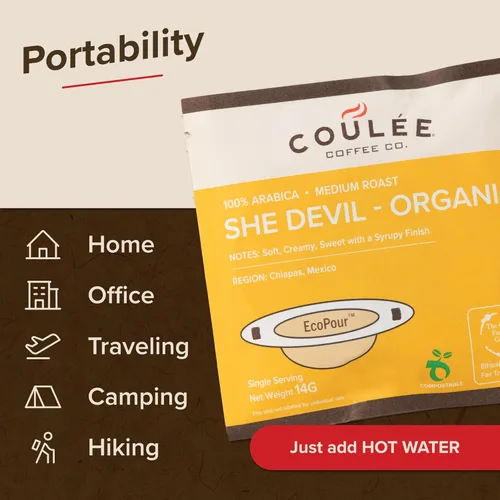 Miniatura 5 de Coulée EcoPour Coffee - Paquete variado de café para verter una sola porción, uso para acampar o viajar, compostable prellenado, todos los filtros