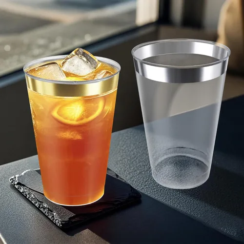 Miniatura 7 de Byvivace Vasos de plástico transparente de 12 onzas con borde dorado, resistentes y aptos para alimentos, desechables, copas de vino, copas de boda