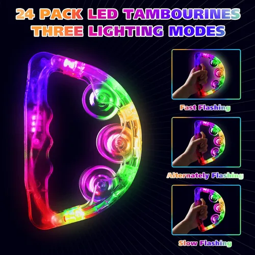 Miniatura 4 de Yunsailing Paquete de 24 panderetas con luz LED, juguetes de percusión de mano que brillan en la oscuridad, suministros de fiesta para adolescentes