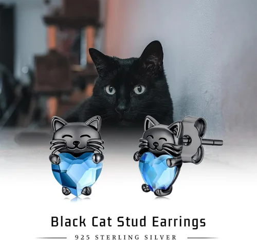 Miniatura 7 de Aretes de plata de ley 925 con diseño de gato, bonitos aretes de gato con diseño de gatito, joyería de regalo para mujeres y niñas, aretes