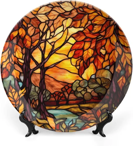 Miniatura 9 de Platos decorativos de otoño, diseño de vitrales, placa de exhibición de árbol de otoño para el hogar, oficina, cocina, decoración de mesa, platos