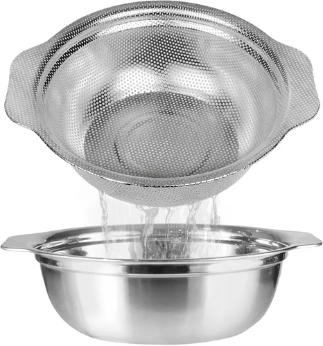 Colador de acero inoxidable para cocina, colador de arroz de 2.5 cuartos con tazón para mezclar, juego de cuencos coladores con microporoso para