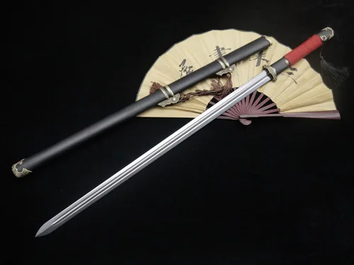 Miniatura 3 de Espada china/Tang jian/hoja de acero de Damasco/vaina de madera negra/accesorios de latón/espiga completa/longitud: 39 pulgadas