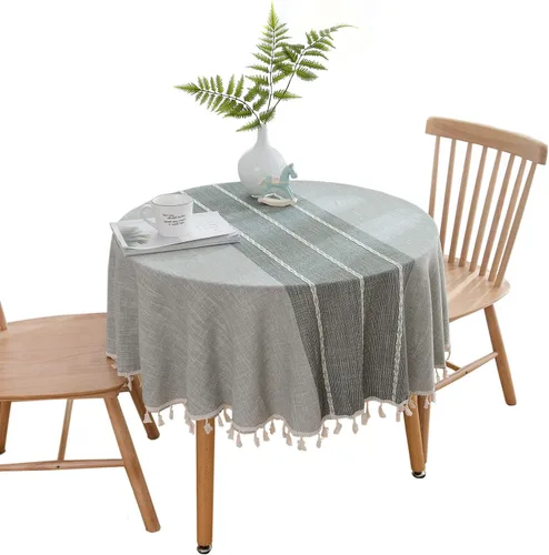 Miniatura 9 de Dimatic Mantel de Algodón y Lino de Peso Pesado - Mantel Redondo de 60 Pulgadas - Cubierta de Mesa con Costura de Borlas para Decoración de Beige