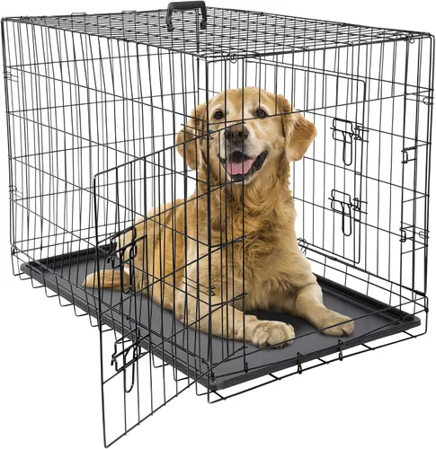 Miniatura 9 de Jaulas de doble puerta para perros de 36 pulgadas, jaula de alambre plegable de metal para perreras con bandeja para perros pequeños, medianos