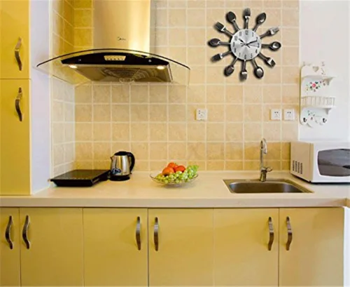 Miniatura 5 de Reloj de pared creativo con cuchillo de tenedor, cubertería de cocina, novedoso reloj colgante decorativo, cuchara de acero inoxidable, reloj Negro