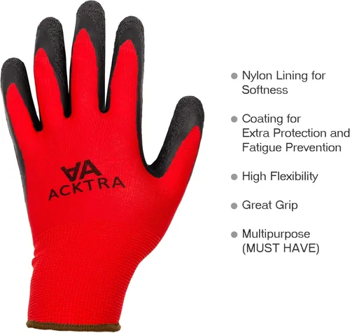 Miniatura 7 de ACKTRA Guantes de trabajo de seguridad de nailon recubierto, 12 pares, muñequera de punto, multiusos, para hombres y mujeres, WG008 poliéster rojo