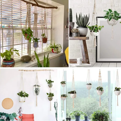 Miniatura 7 de Perchas de macramé para plantas hechas a mano, cuerda de algodón, soporte para macetas colgantes con temática bohemia para interiores y exteriores