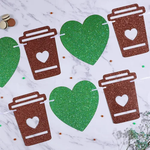 Miniatura 2 de Cartel de barra de café verde, guirnalda de taza con purpurina y corazón, pancarta con leche para cumpleaños, despedida de soltera, compromiso