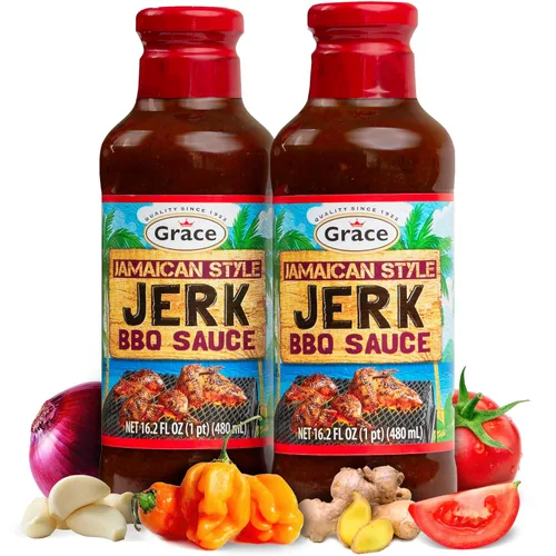 Grace Jamaican Style Jerk BBQ 16oz – Paquete de 2 condimentos de jerk jamaicano, adobo y salsa de inmersión – La mejor salsa de barbacoa caliente –
