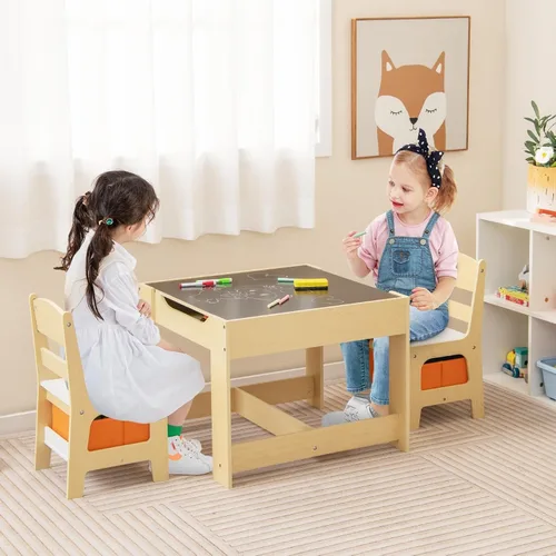 Miniatura 2 de HONEY JOY Mesa y sillas para niños, juego de actividades de madera 3 en 1 con almacenamiento, mesa desmontable, para arte, manualidades, dibujo