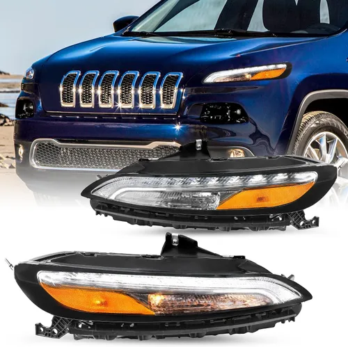Miniatura 21 de JSBOYAT Compatible con 2014-2018 Jeep Cherokee Luz LED DRL de estacionamiento Señal de giro estilo OE Faros LED DRL cromados para parachoques Señal